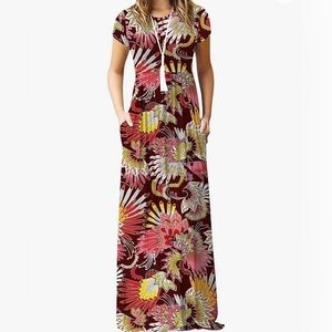 Dearcase 3 Feather Red Maxi Dress with Pockets, Size Small